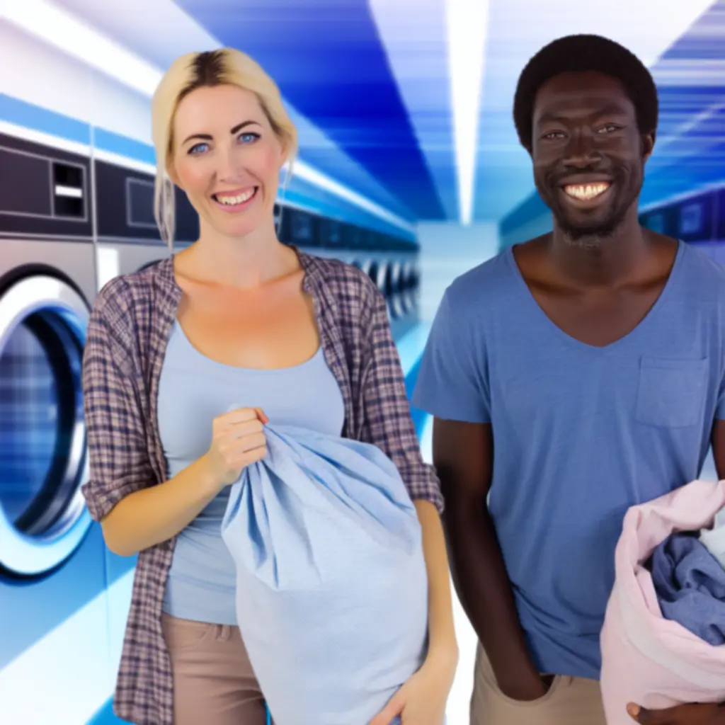 Elégedett mosodai ügyfelek beszélgetnek egymással